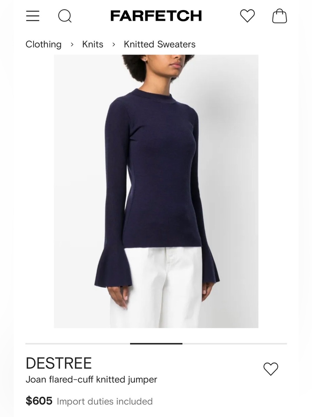 Destree Joan bell sleeve sweater in navy size S / M brand new with tags!
